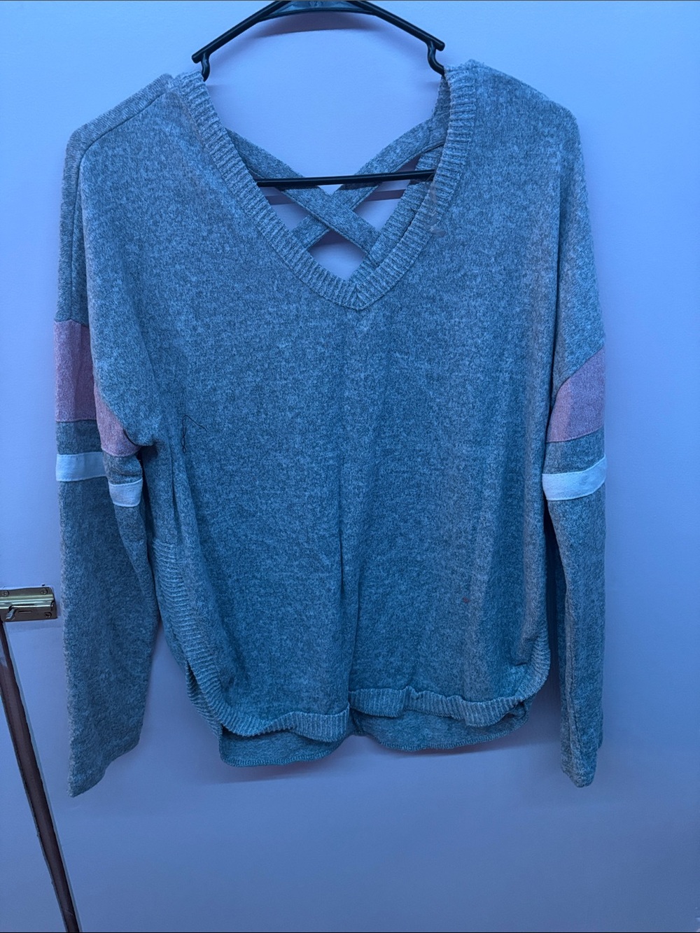Almost Famous Gray V-Neck Sweater with Pink and White Sleeve Stripes